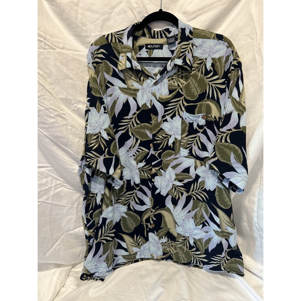 Puritan Mens Hawaiian Short Sleeve ShirtLight Blue Leaf/Flowers Mens 2XL